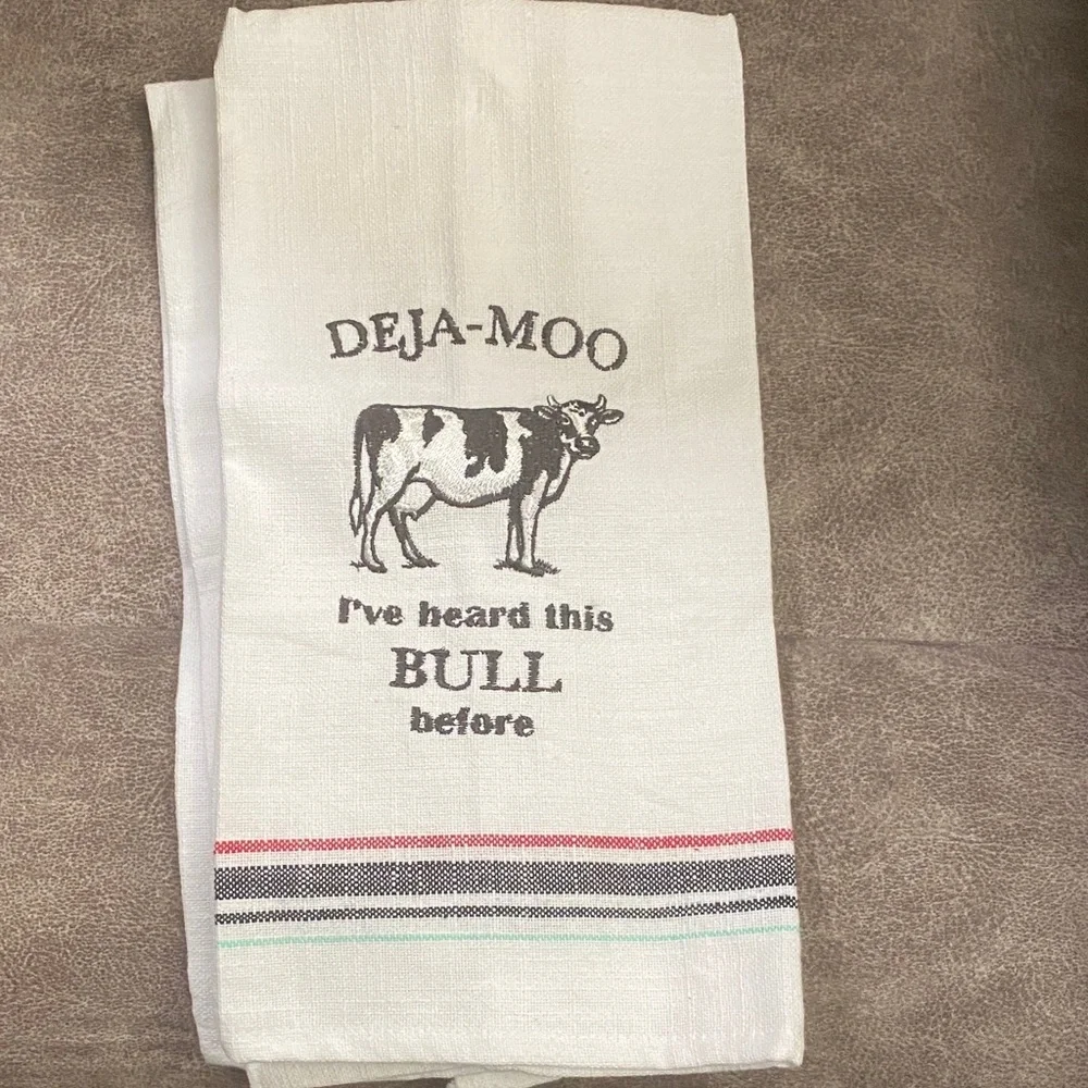2 NWT Deja-Moo Cow Kitchen Towel - White with Stripes